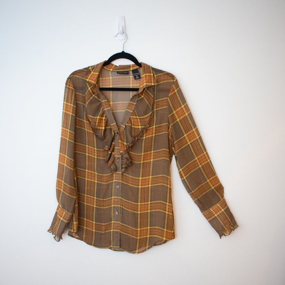 New York & Company Tops - NewYork & Company Sheer Blouse Brown And Gold Plaid Button Up Size 10